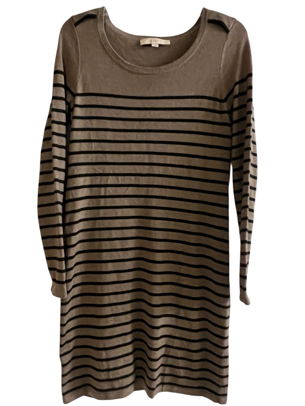 LOFT Striped Epaulet Sweater Dress Tan Black Stripe S